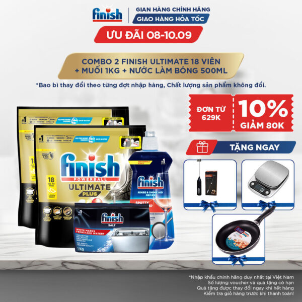 Combo 2 Túi Viên rửa chén Finish Ultimate 18 viên + Nước làm bóng Finish 500ml + Muối rửa chén Finish 1kg