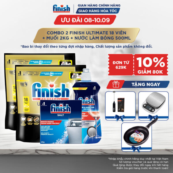 Combo 2 Túi Viên rửa chén Finish Ultimate 18 viên + Nước làm bóng Finish 500ml + Muối rửa chén Finish 2kg