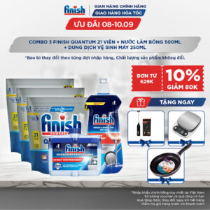 Combo Finish Nâng Cao: Bộ 3 túi viên rửa chén Quantum 21 viên + Nước Làm Bóng 500ml + Dung Dịch Tẩy Rửa Máy Rửa Chén Bát