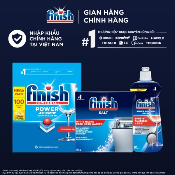 Combo Finish tiện lợi 2: Hộp 100 Viên Rửa Bát Essential + Nước Bóng 500ml + Muối Rửa Chén 2kg