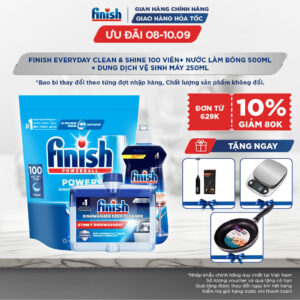 Combo Finish tiện lợi 3:Túi 100 Viên Rửa Bát Everyday Clean & Shine + Nước Làm Bóng Finish 500ml + Dung Dịch Vệ Sinh Máy