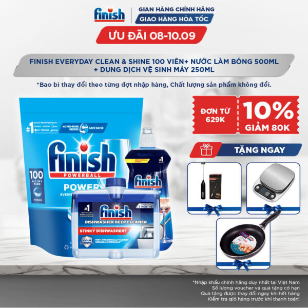 Combo Finish tiện lợi 3:Túi 100 Viên Rửa Bát Everyday Clean & Shine + Nước Làm Bóng Finish 500ml + Dung Dịch Vệ Sinh Máy