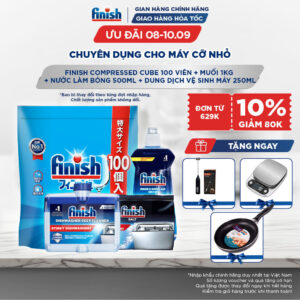 Combo Finish: Viên Rửa Chén Finish Nhật Bản Power Cube 100 Viên + Nước bóng + Dung dịch vệ sinh máy + Muối 1kg