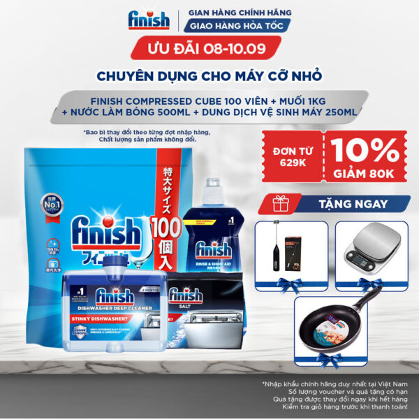 Combo Finish: Viên Rửa Chén Finish Nhật Bản Power Cube 100 Viên + Nước bóng + Dung dịch vệ sinh máy + Muối 1kg