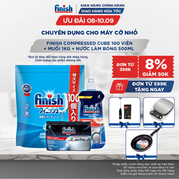 Combo Finish: Viên Rửa Chén Finish Nhật Bản Power Cube 100 Viên + Nước làm bóng Finish 500ml + Muối rửa chén 1kg